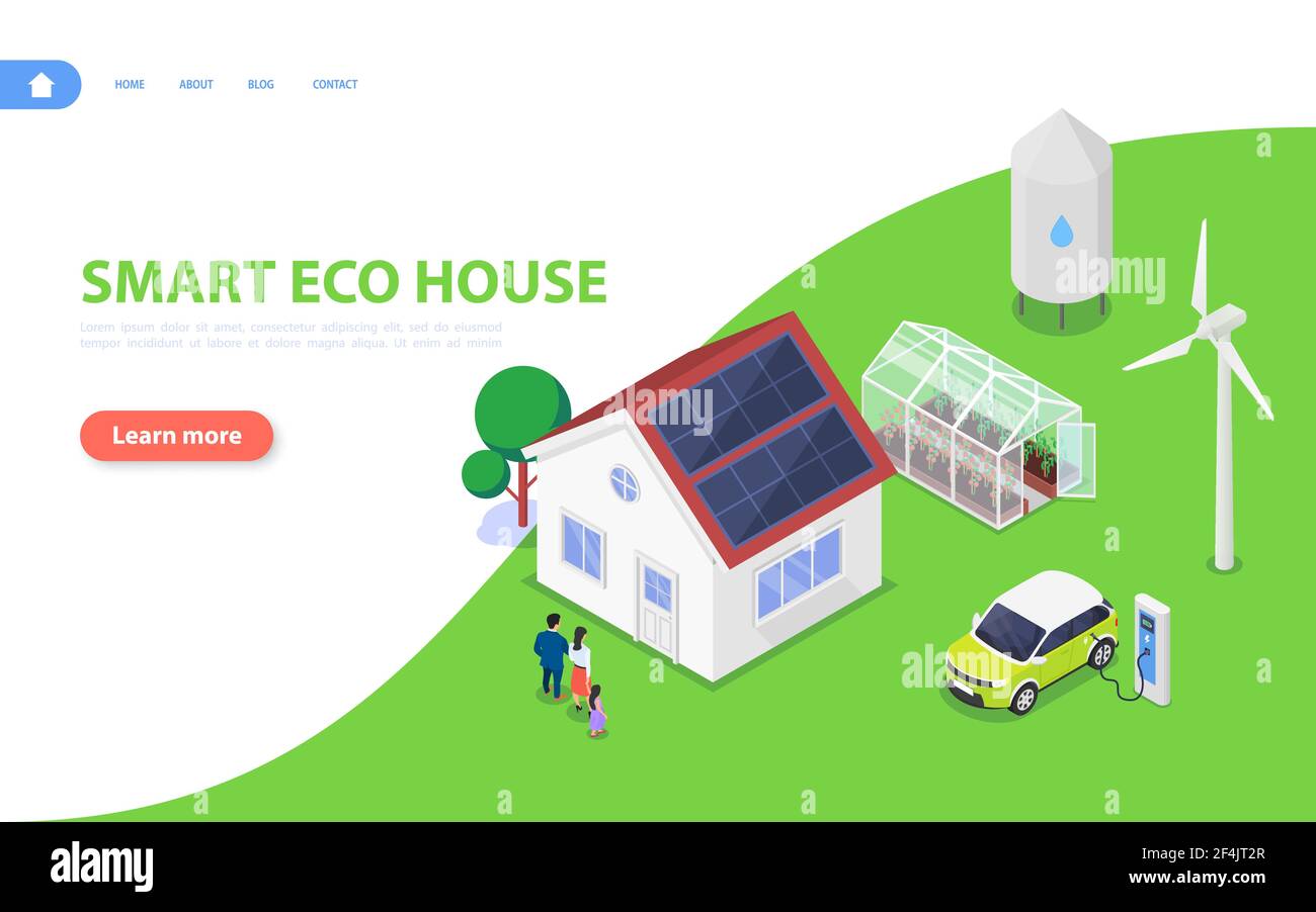 The concept of a smart and sustainable home with renewable energy sources and organic farming. Flat vector isometric illustration. Stock Vector