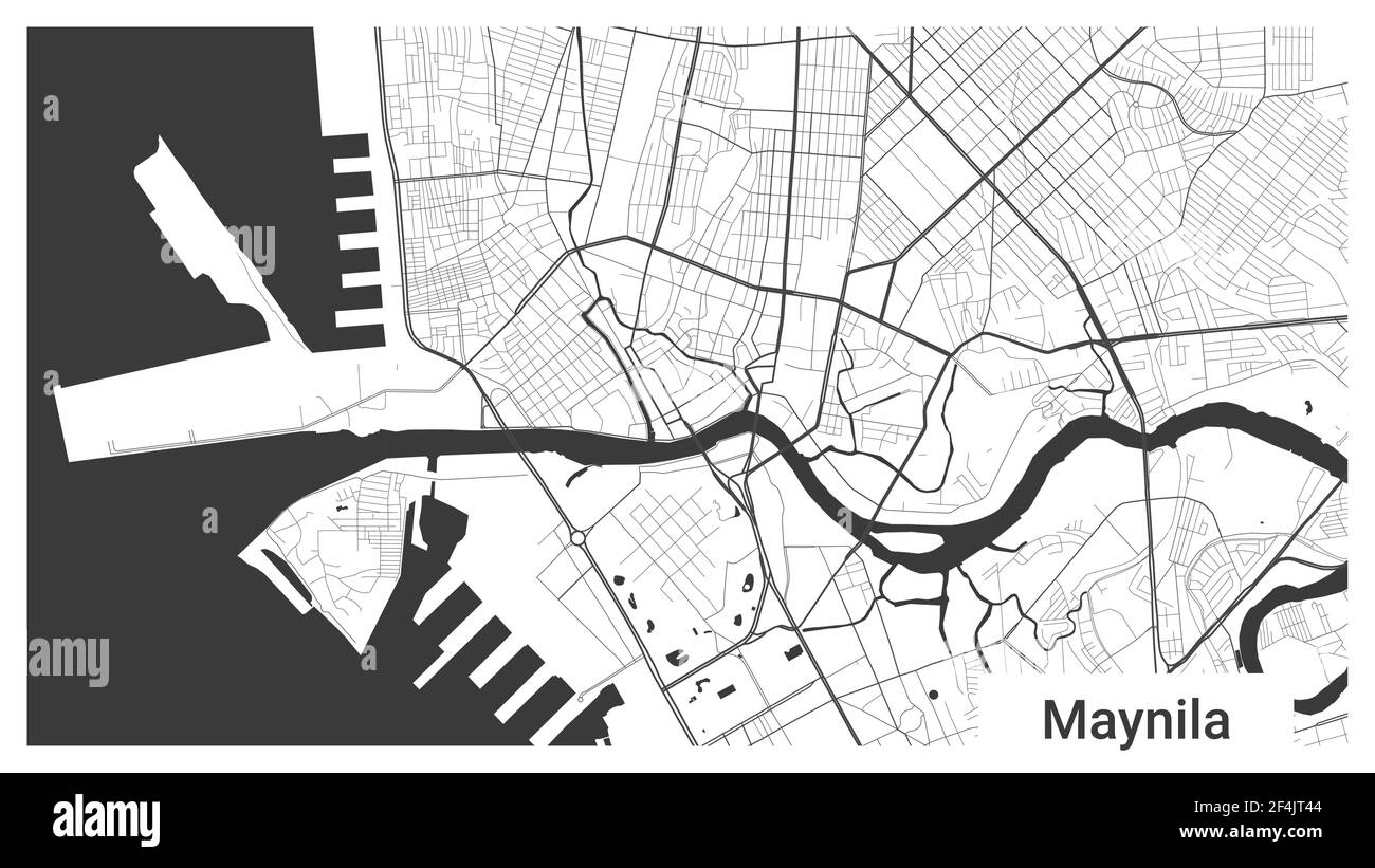 Map of Manila city, Republic, Philippines. Horizontal background map poster black and white land, streets and rivers. 1920 1080 proportions. Royalty f Stock Vector