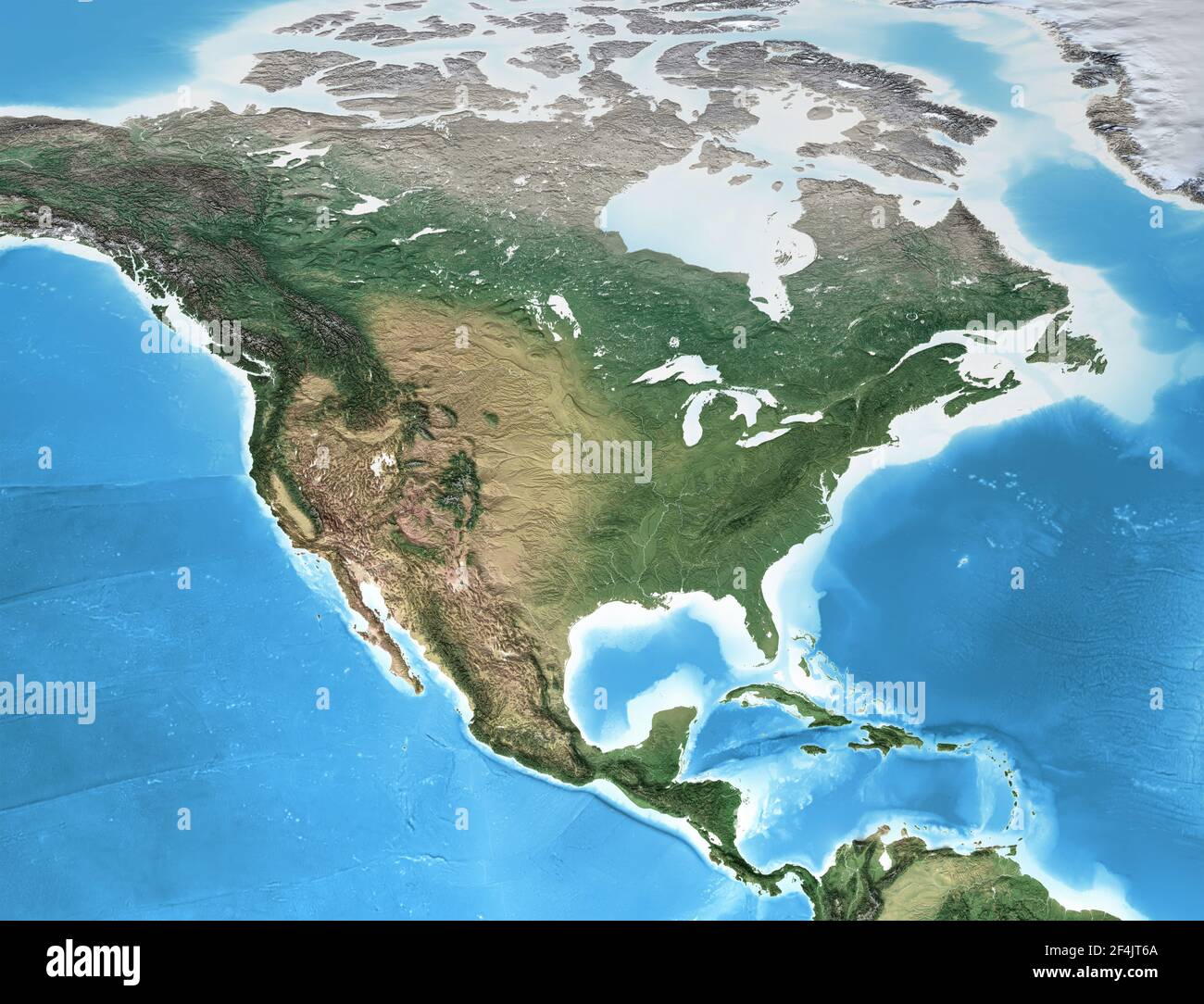 Physical map of North America, with high resolution details. Flattened satellite view of Planet Earth and its geography - Elements furnished by NASA Stock Photo