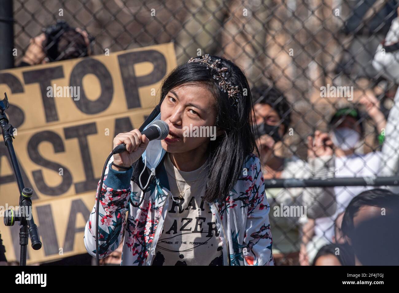 New York, United States. 21st Mar, 2021. Alice Tsui speaks during a rally against hate in Columbus Park in the Chinatown neighbourhood of Manhattan in New York City.A rally for solidarity was organized in response to a rise in hate crimes against the Asian community since the start of the coronavirus (COVID-19) pandemic in 2020. On March 16 in Atlanta, Georgia, a man went on a shooting spree in three spas that left eight people dead, including six Asian women. (Photo by Ron Adar/SOPA Images/Sipa USA) Credit: Sipa USA/Alamy Live News Stock Photo