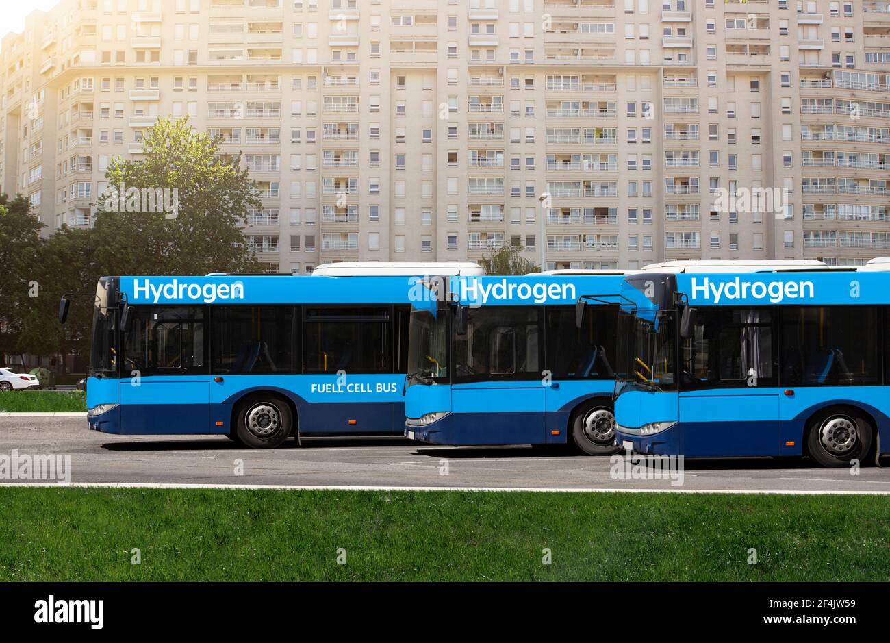 A hydrogen fuel cell buses stands at the bus station Stock Photo