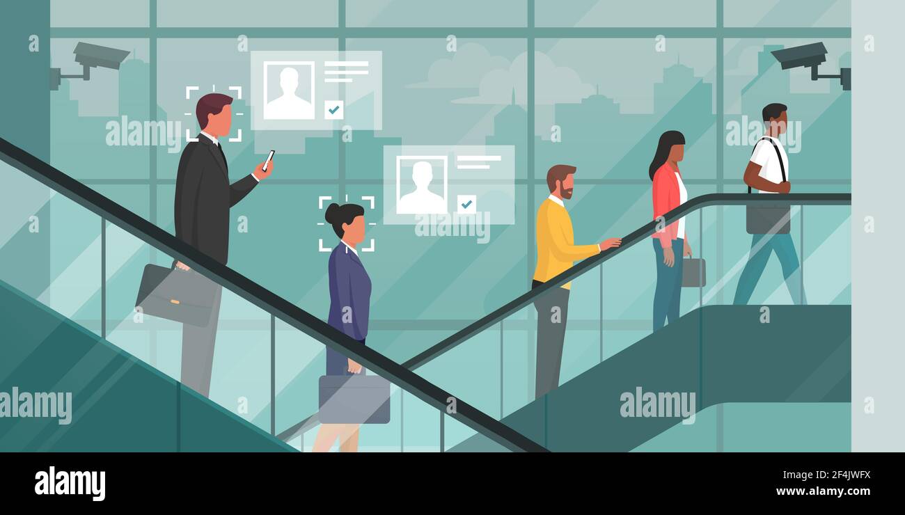 Facial recognition and personal identification technology in a corporate building: business people recognized by a surveillance camera Stock Vector