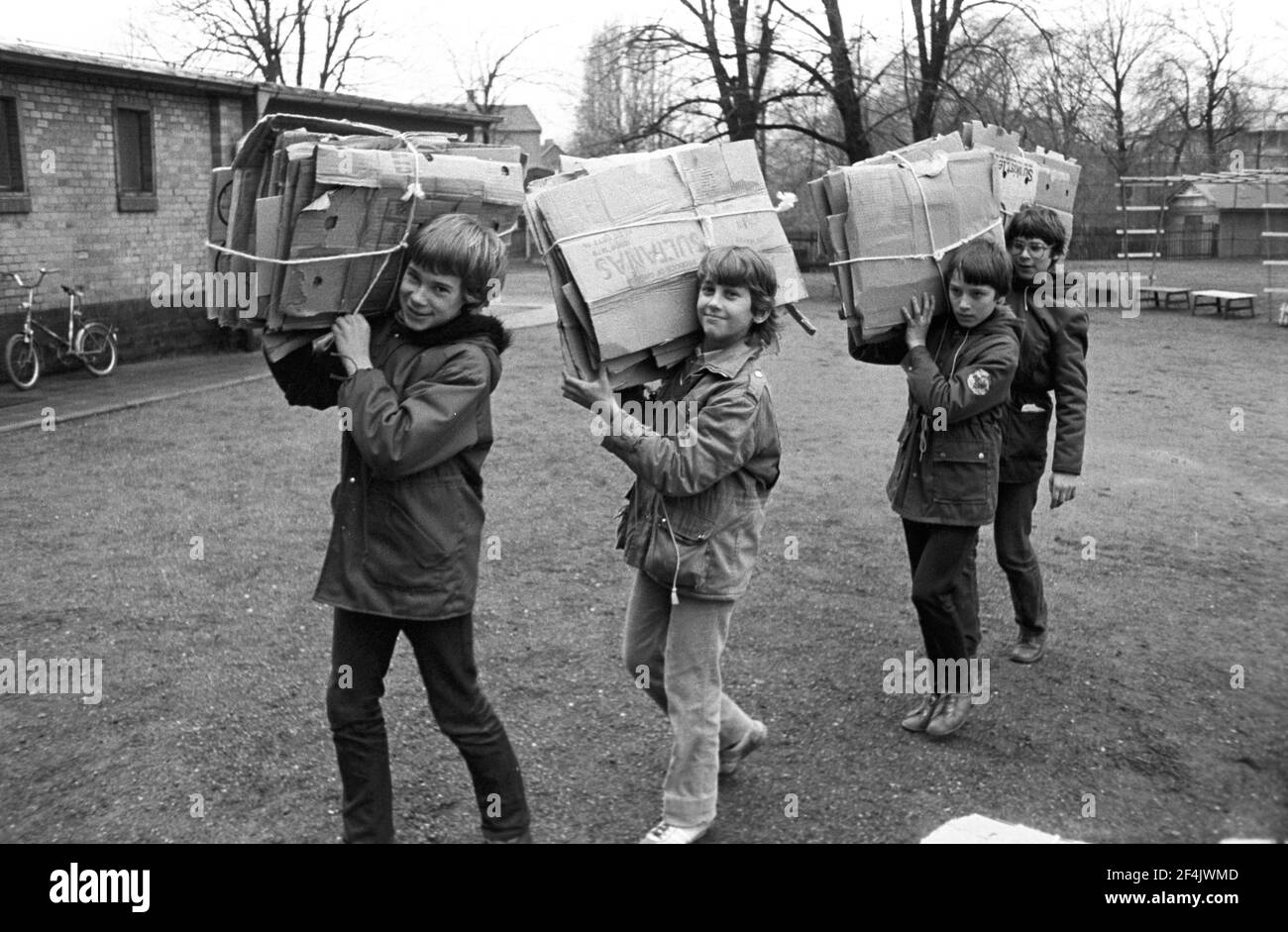 15 November 1981, Saxony, Delitzsch: Pupils collecting waste paper and cardboard at the Comenius secondary school in Delitzsch at the end of 1981. Exact date of recording not known. Photo: Volkmar Heinz/dpa-Zentralbild/ZB Stock Photo