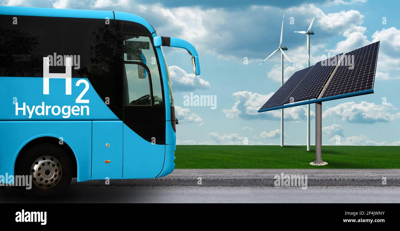 A hydrogen fuel cell bus on a background of wind turbines and solar