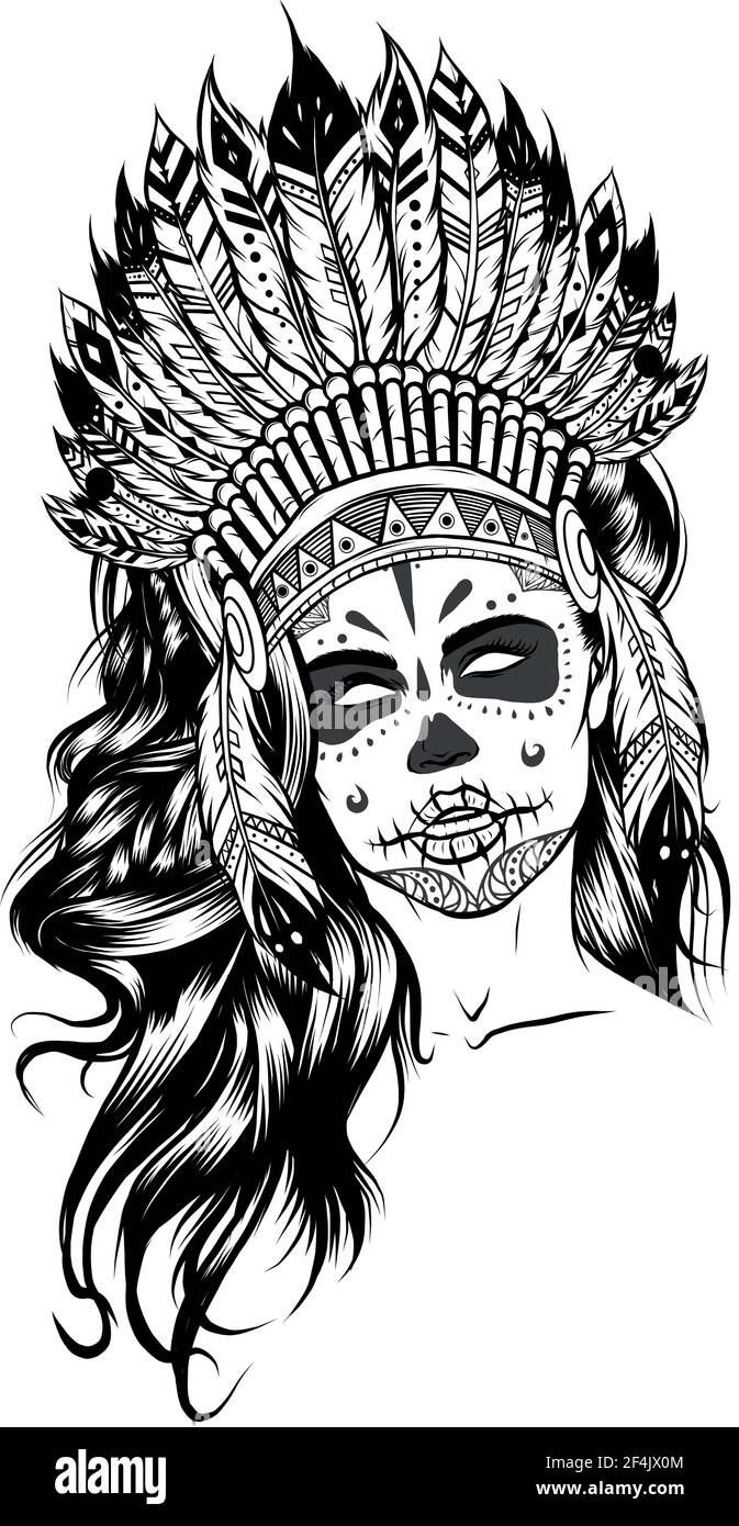 draw in black and white of Beautiful girl in a headdress of North American Indians. Stock Vector
