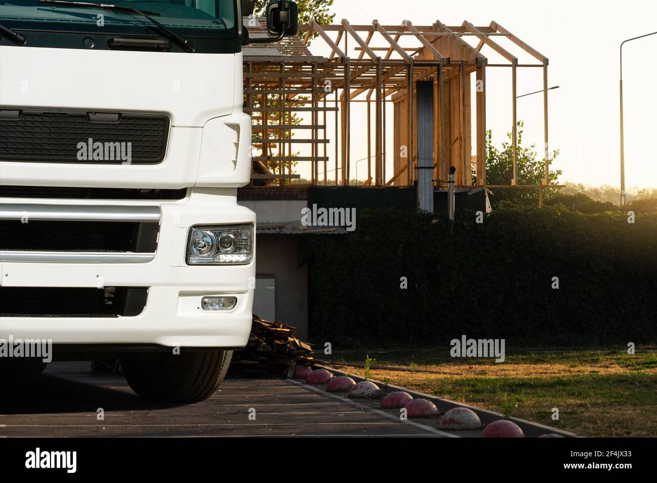 Close up of a truck on a background of construction site Stock Photo