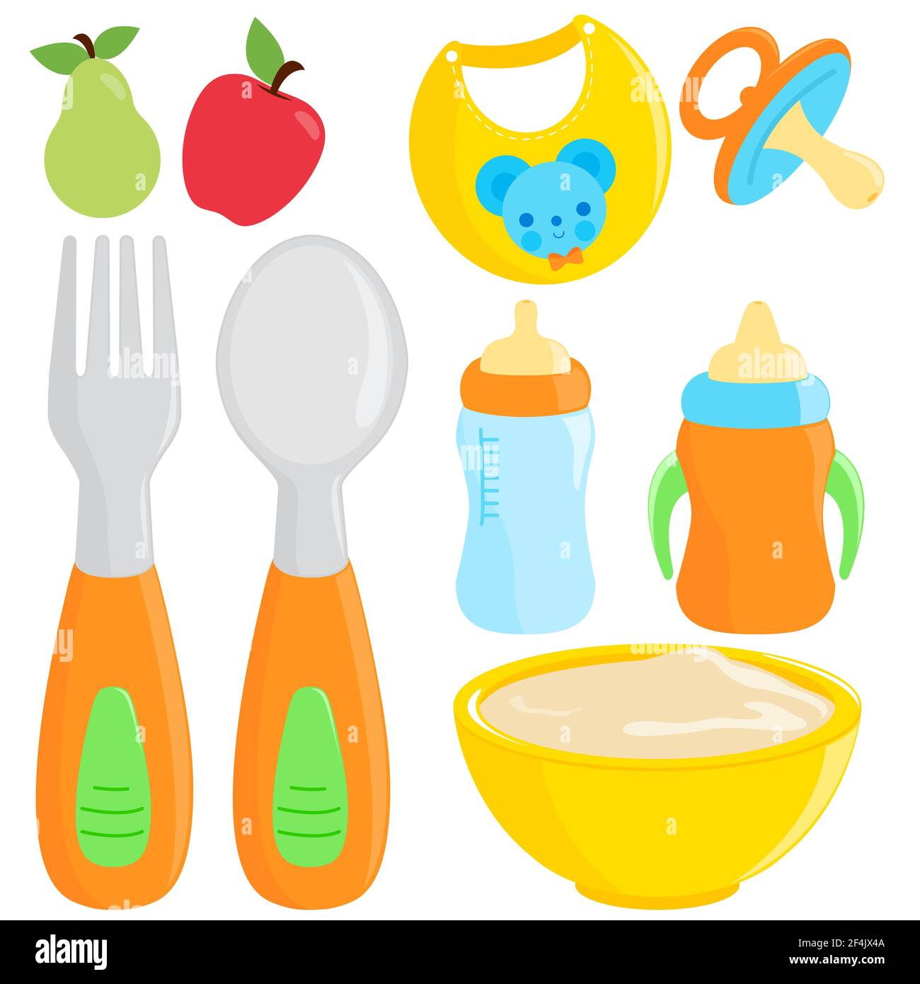 Baby food collection with fork and spoon, milk bottle, dishware, and bib. Stock Photo