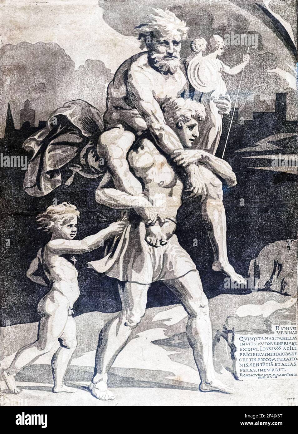 Enea and Anchises by Ugo da Carpi (1470-1532(?)) 1518 Chiaroscuro woodcut Stock Photo