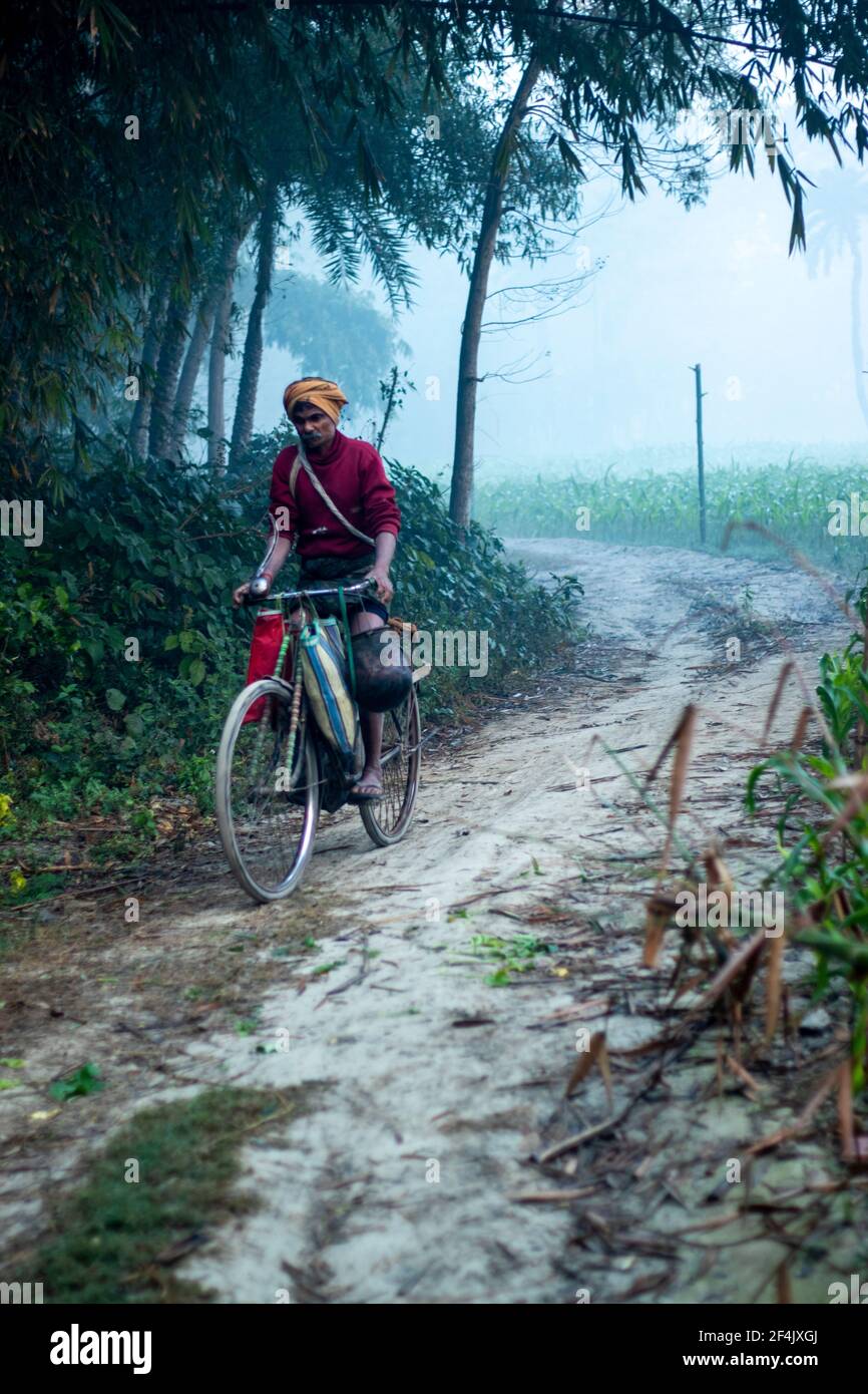 one person riding cycle on road between the forest Begusarai, bihar, india 20-01-2021 Stock Photo