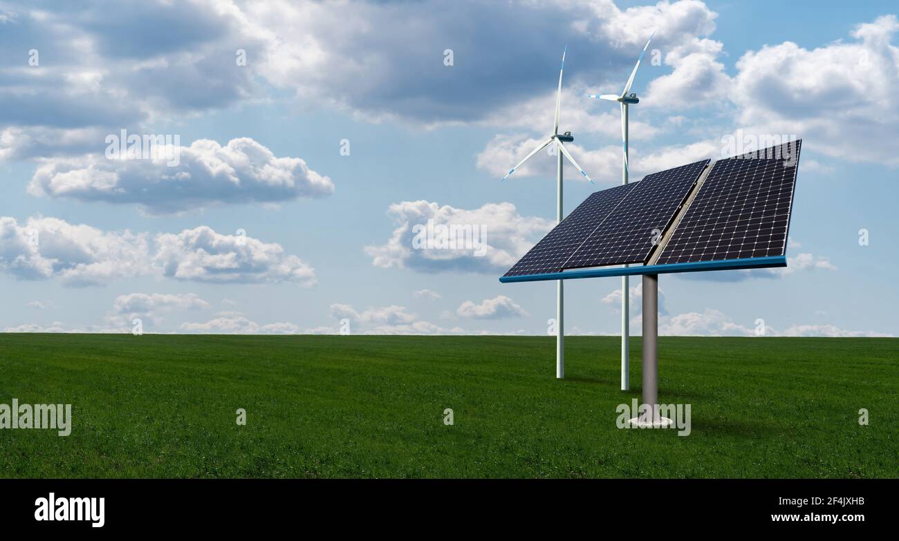 Solar panels and wind turbines on a green field. Sustainable energy ...