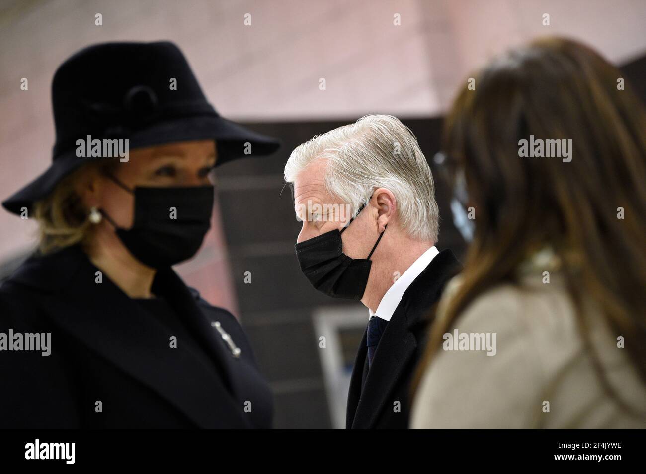 Queen Mathilde of Belgium and King Philippe - Filip of Belgium meet representatives of victims and their families at a ceremony at the Maalbeek - Mael Stock Photo