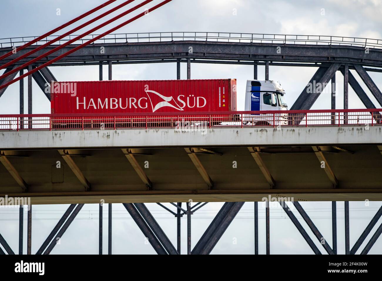 Beeckerwerther Bridge, motorway bridge, A42, truck, Haus-Knipp railway bridge, in Duisburg, NRW, Germany, Stock Photo