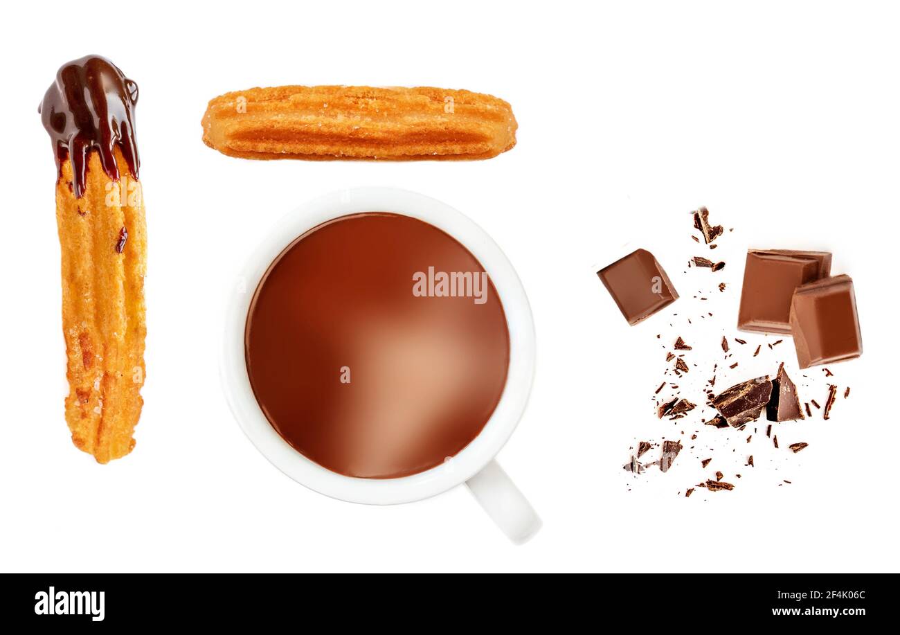 Churro isolated on white background. Traditional spanish food. Creative layout with Churro pastry  top view. Flat lay Stock Photo