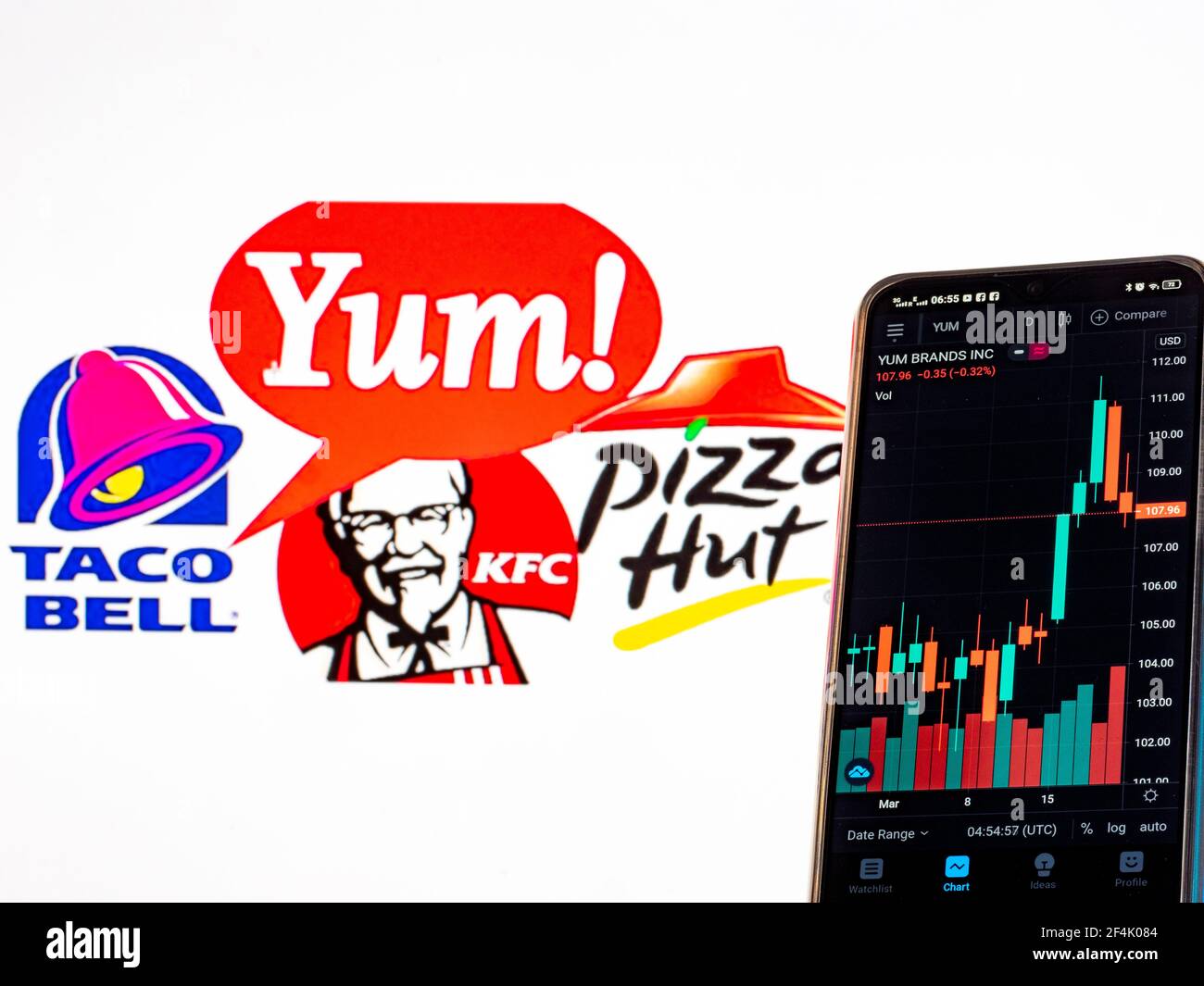 In this photo illustration the stock market information of Yum! Brands, Inc. seen displayed on a smartphone with the Yum! Brands, Inc. logo in the background. Stock Photo