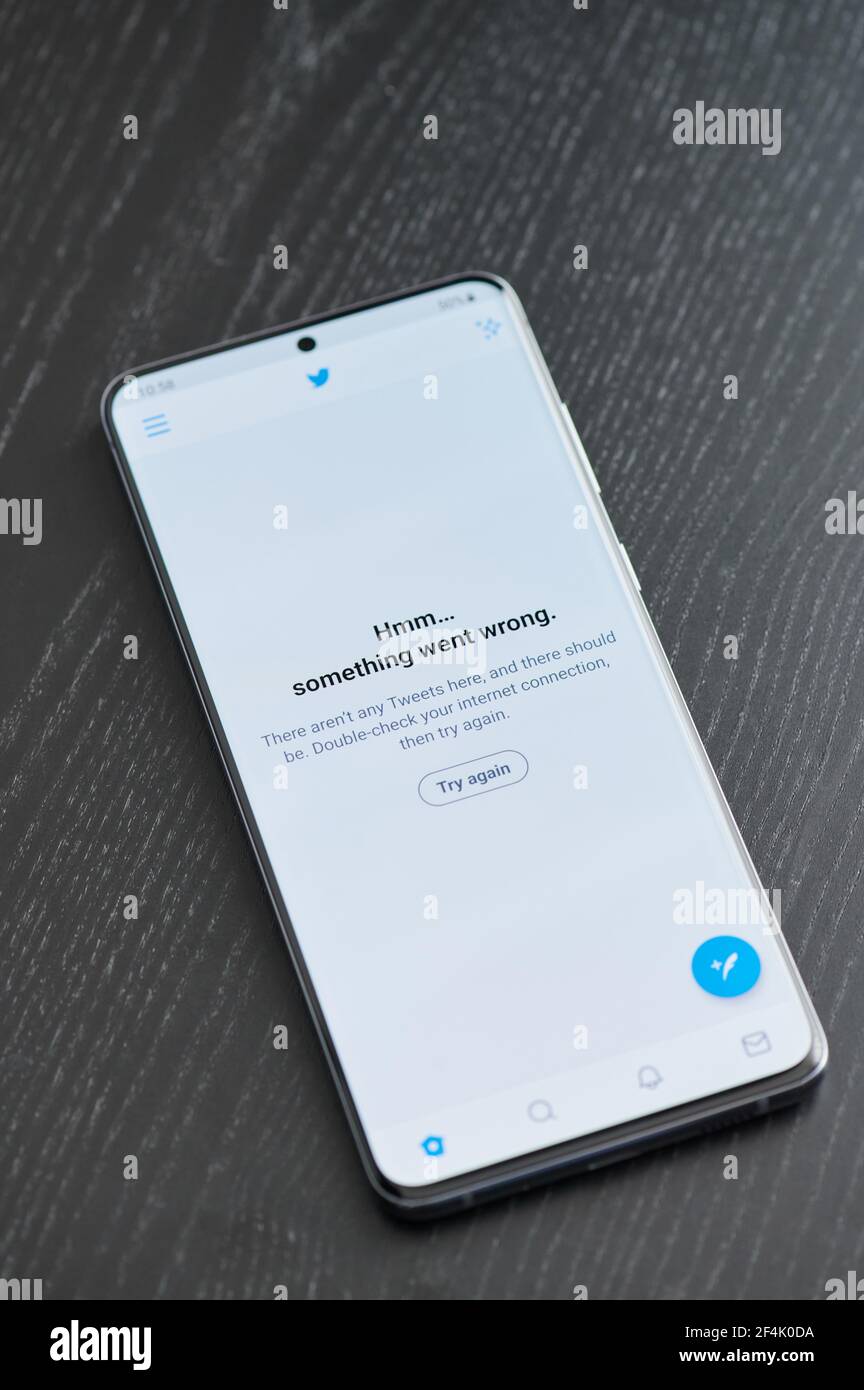New york, USA - March 22, 2021: Blocked or lost connection twitter app on smartphone screen laying on table Stock Photo