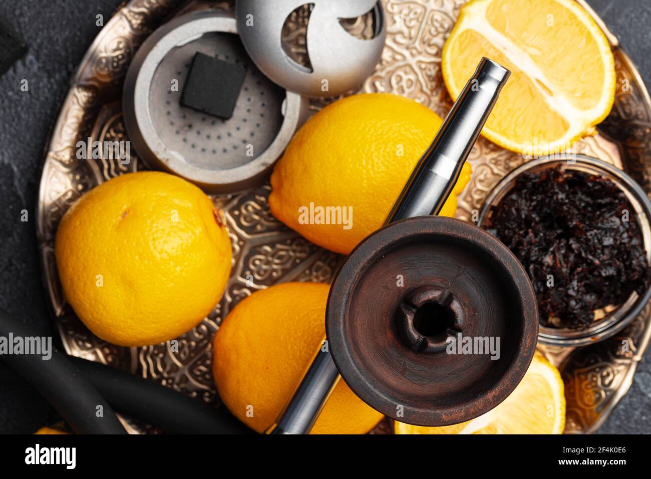 Empty hookah shaft close up on table with fresh fruit Stock Photo