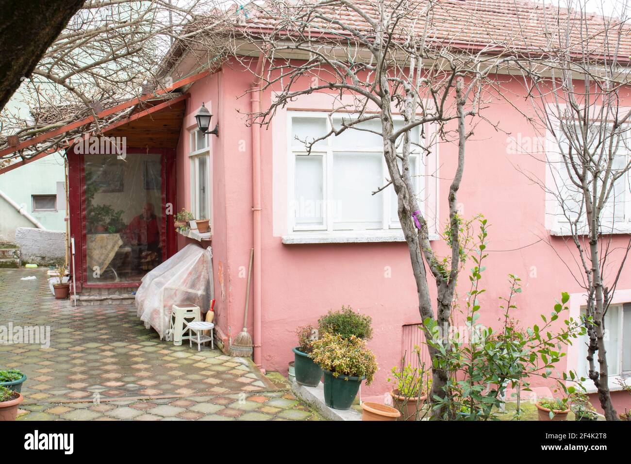 The old pink house is in the last days of winter. the trees are still dry. with two floors and a garden. Stock Photo