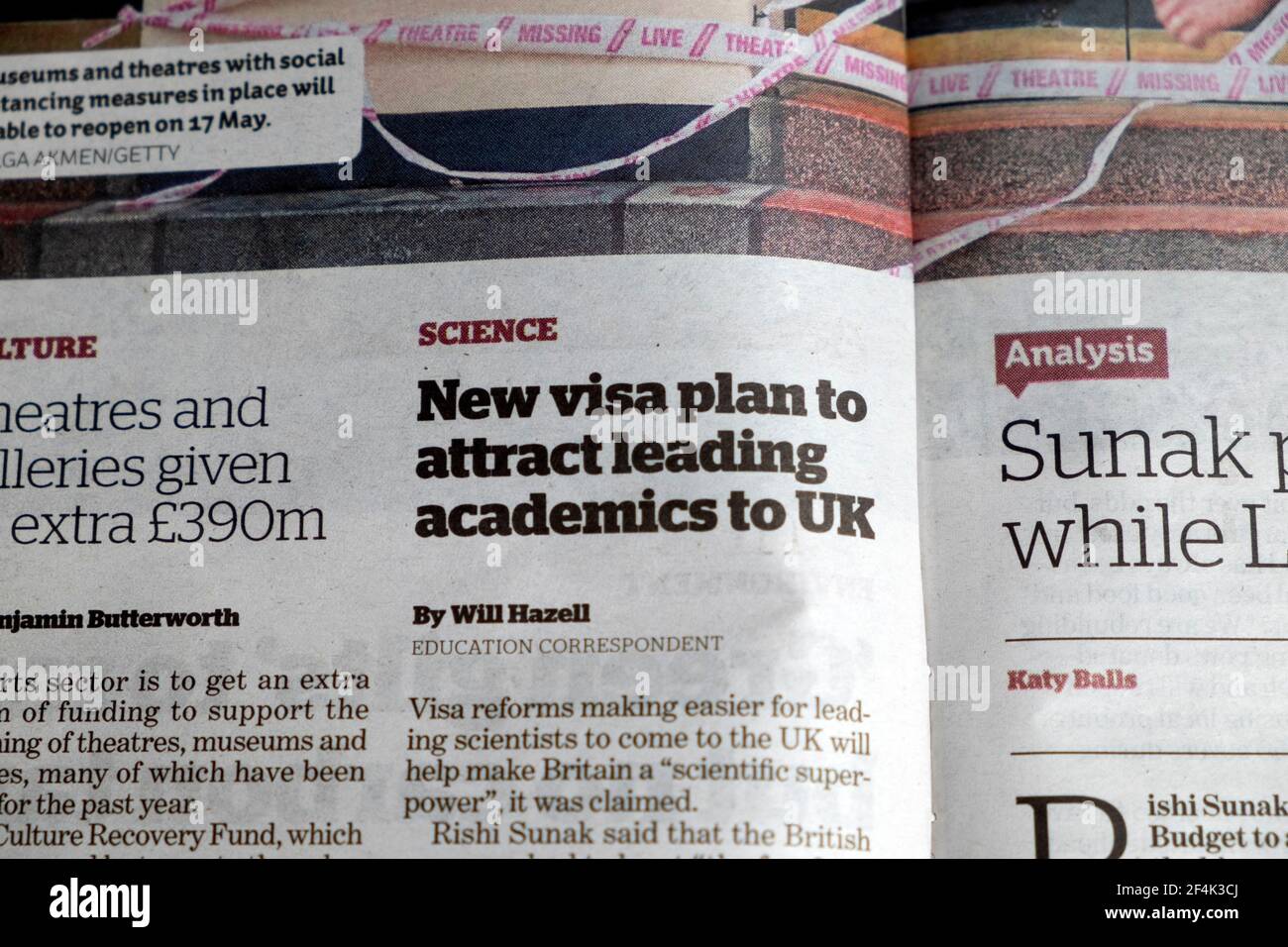 'New visa plan to attract leading academics to UK' science news i newspaper headline on 3 March 2021 in London England UK Stock Photo