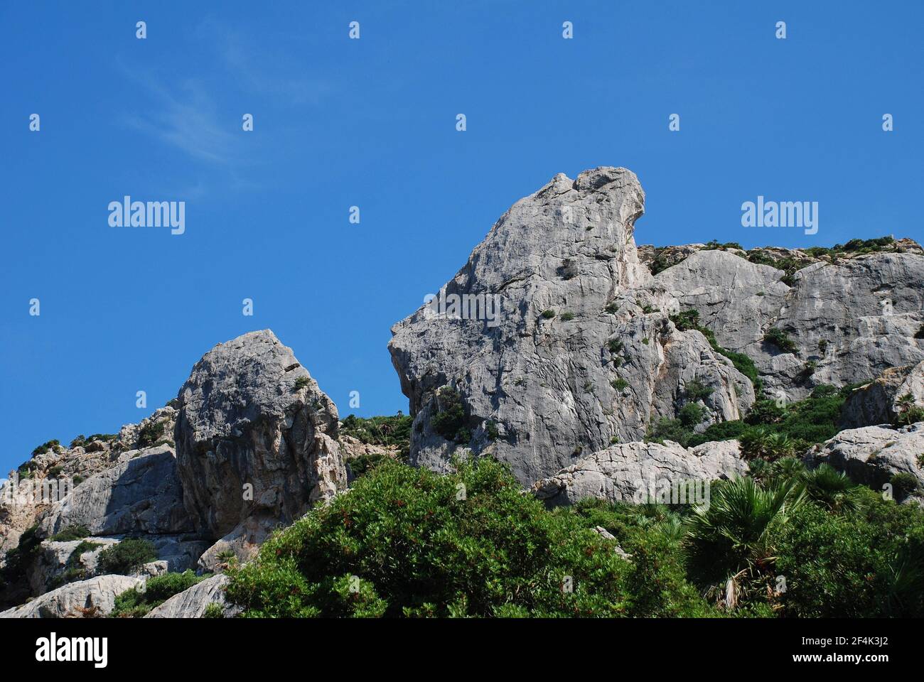 The rocky peaks of the Tramuntana mountains in the Boquer valley trail near Puerto Pollensa on the Spanish island of Majorca. Stock Photo