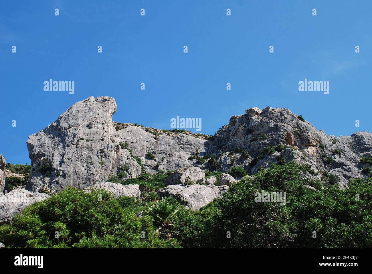 The rocky peaks of the Tramuntana mountains in the Boquer valley trail near Puerto Pollensa on the Spanish island of Majorca. Stock Photo