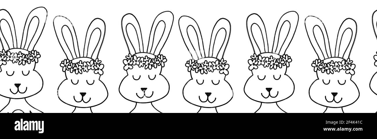 Bunnies seamless border outline. Repeating horizontal pattern with bunny heads. Cute rabbits black and white line art design for Easter cards, ribbon Stock Photo