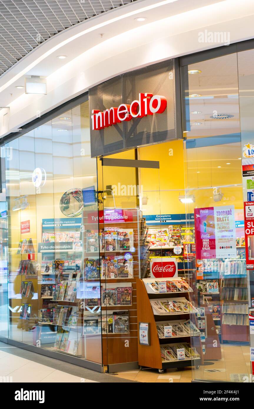 POZNAN, POLAND - Feb 16, 2014: Entrance of a Inmedio store selling magazines and books Stock Photo