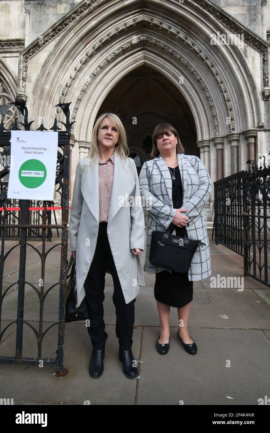Former subpostmasters Janet Skinner (left) and Tracy Felstead outside the Royal Courts of Justice, London, ahead of their appeal against a conviction of theft, fraud and false accounting. Dozens of former subpostmasters who were convicted of theft, fraud and false accounting are attempting to clear their names, arguing their convictions are unsafe because of failings in the Post Office's Fujitsu-developed Horizon IT system. Picture date: Monday March 22, 2021. Stock Photo