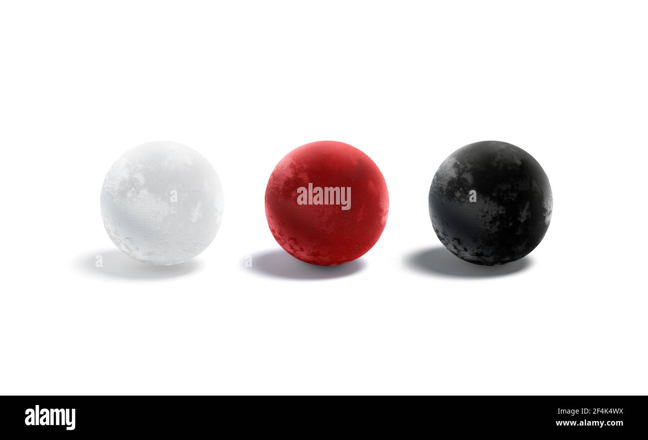 Blank velvet black, white and red ball mockup set, 3d rendering. Empty velour or fleece glob surface mock up, isolated. Clear velveteen fabric or text Stock Photo