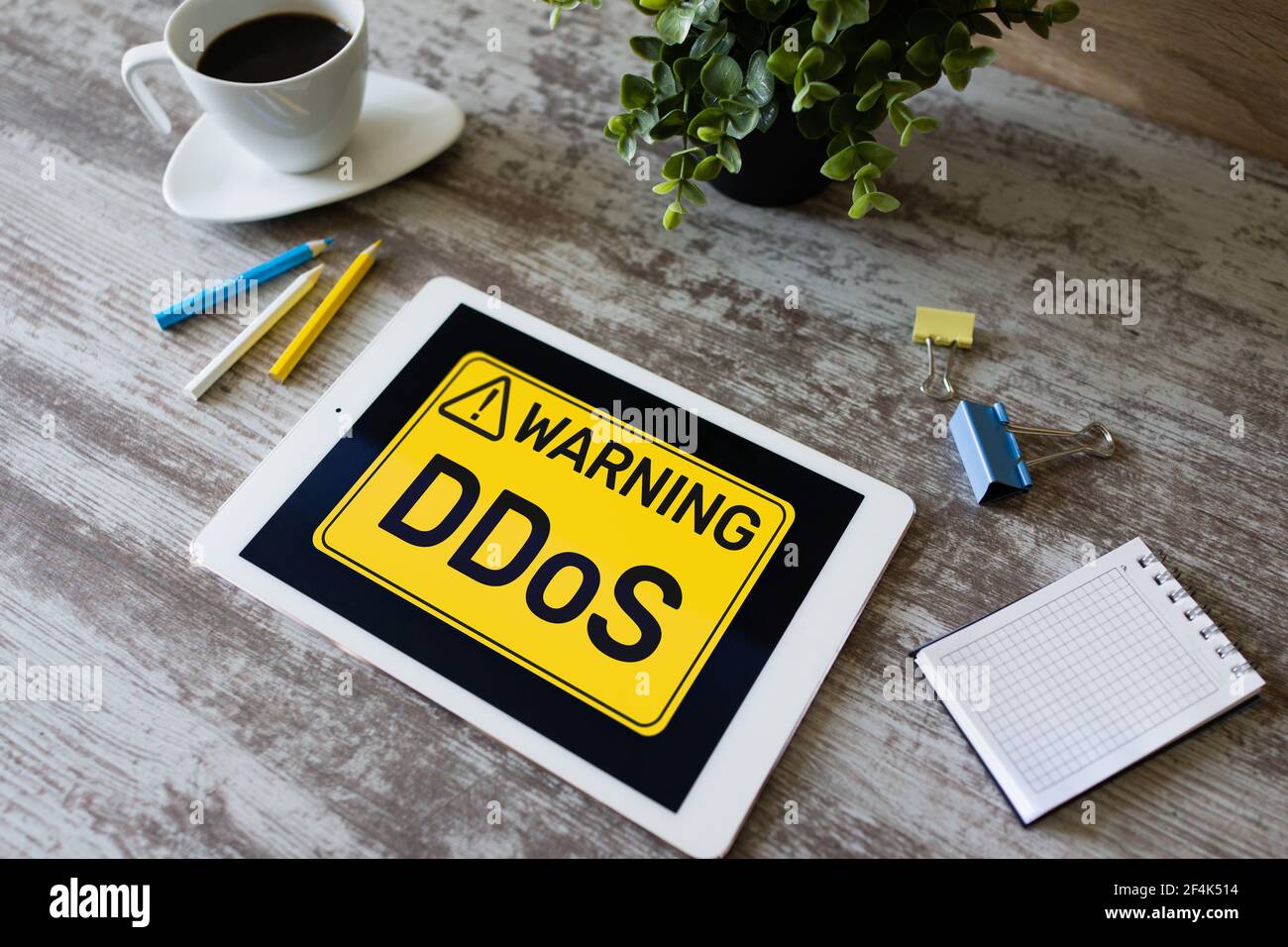 DDoS attack detection message. Virus and Hacking. Cyber security and internet concept. Stock Photo