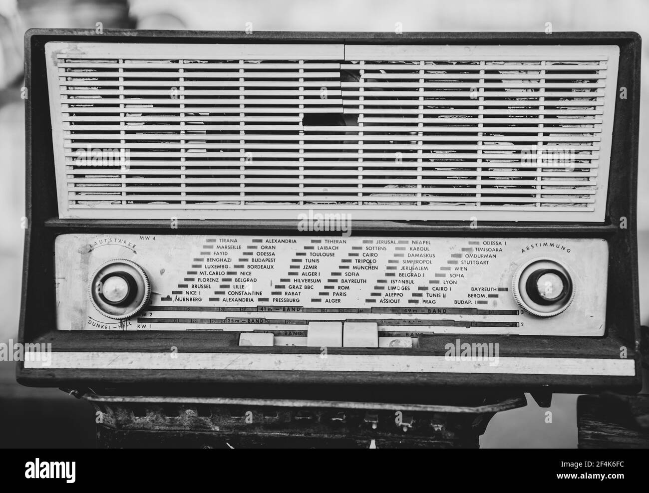 Close up of an old vintage radio receiver on a blurred background. Stock Photo