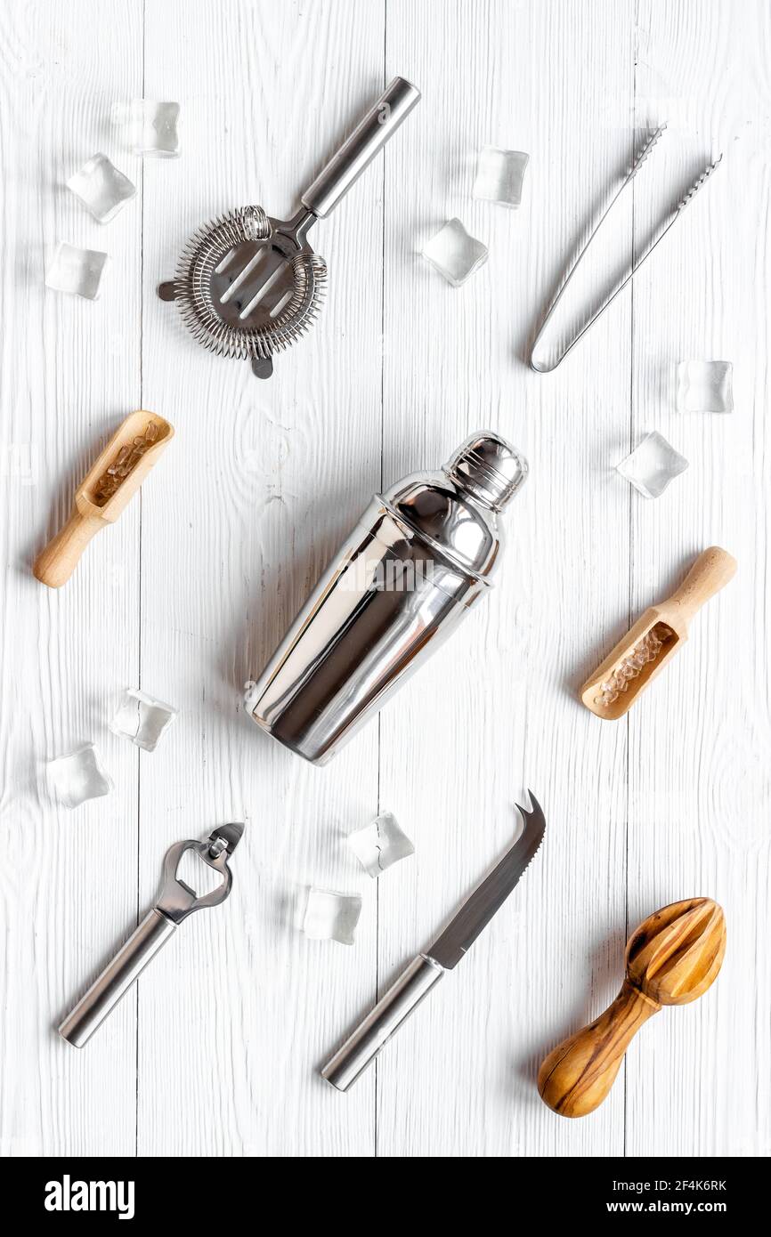Cocktail bar utensils and tools with shaker, strainer and ice Stock ...