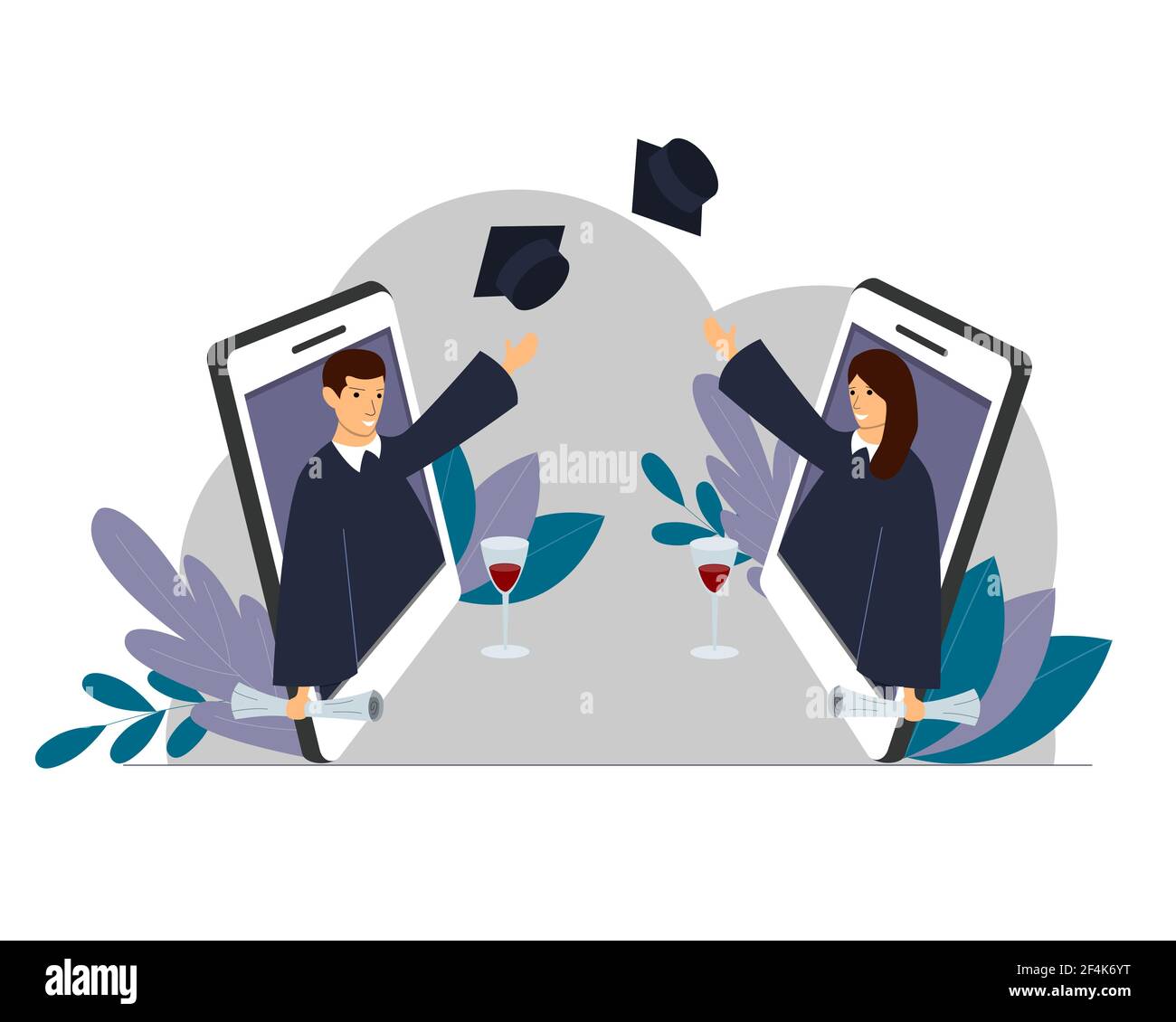 Graduation, square cap of the graduate, mantle. the concept of a graduation on insulation. A mobile phone, a man and a woman glasses of wine. vector Stock Vector