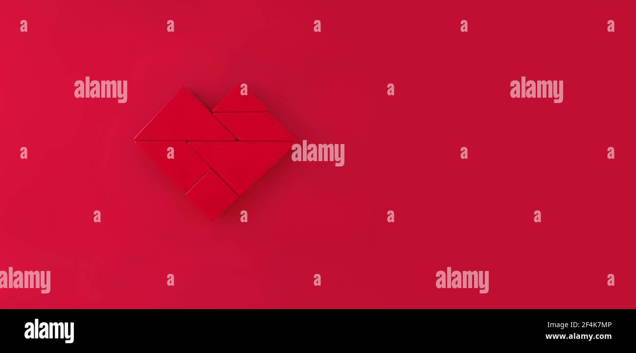 Red Heart tangram on red background with space for text. 3d rendering. Stock Photo