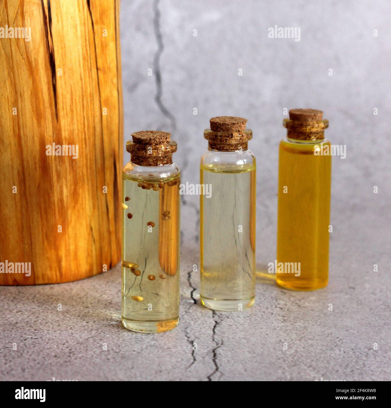 Various types of vegetable oil bottle and glass bottle on light background Stock Photo