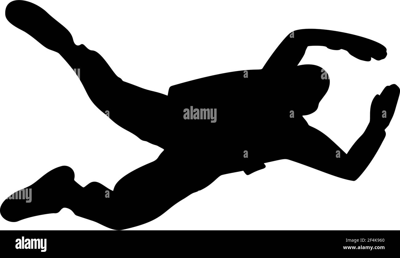 Parachutist in flight vector silhouette illustration isolated on white background. Insurance risk concept. Man in air jump. Skydiver acrobatics. Milit Stock Vector