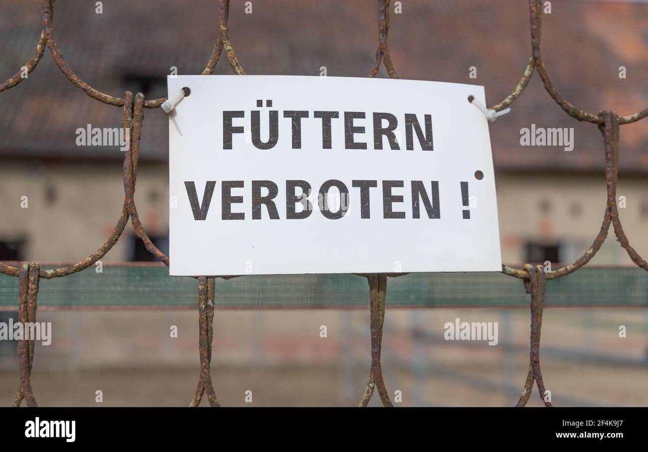 sign on a fence at a horse stable with german inscription of feeding prohibited (Füttern verboten) Stock Photo