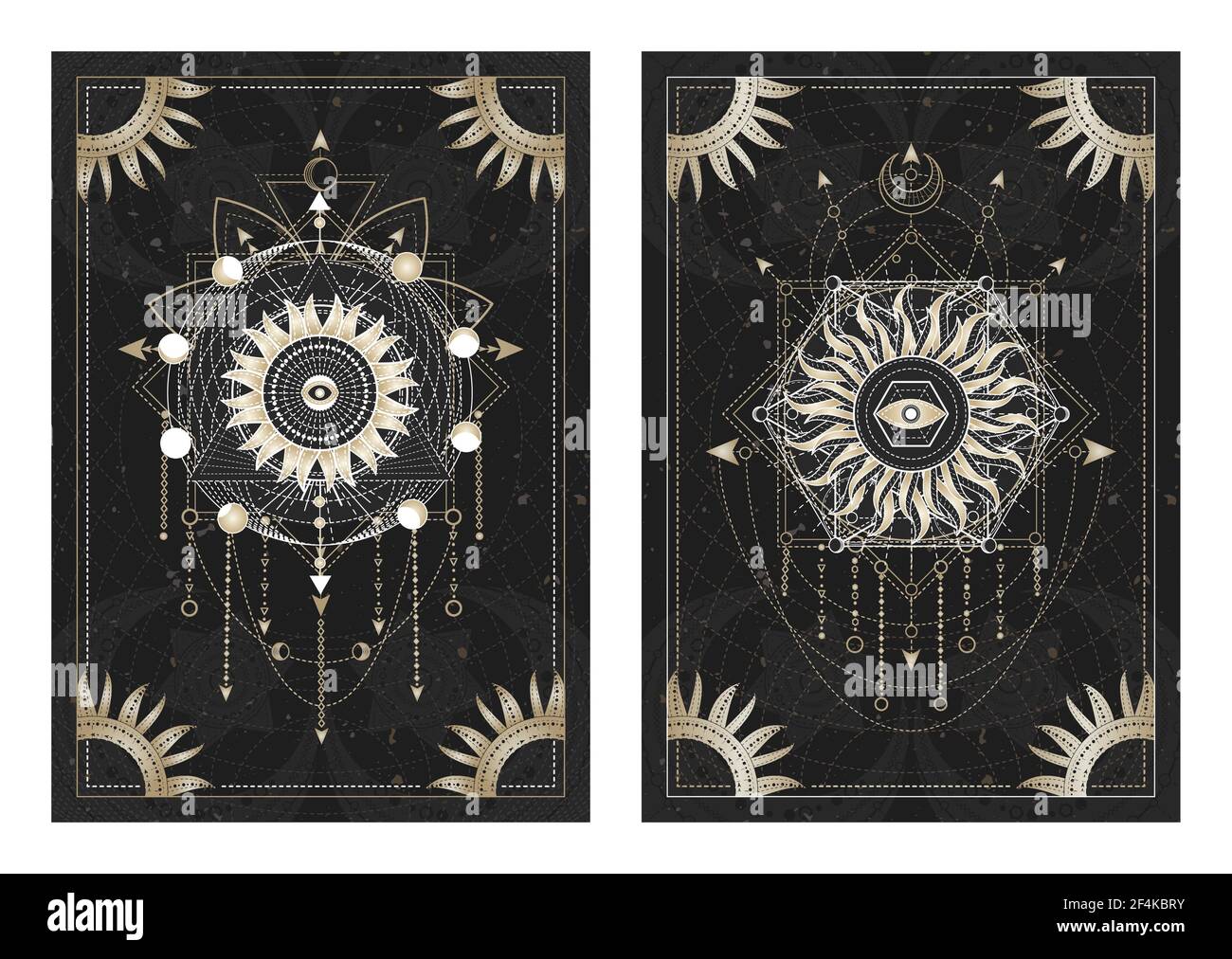 Vector dark illustrations with sacred geometry symbols, grunge textures and frames. Images in black, white and gold., Vector dark illustrations with s Stock Vector
