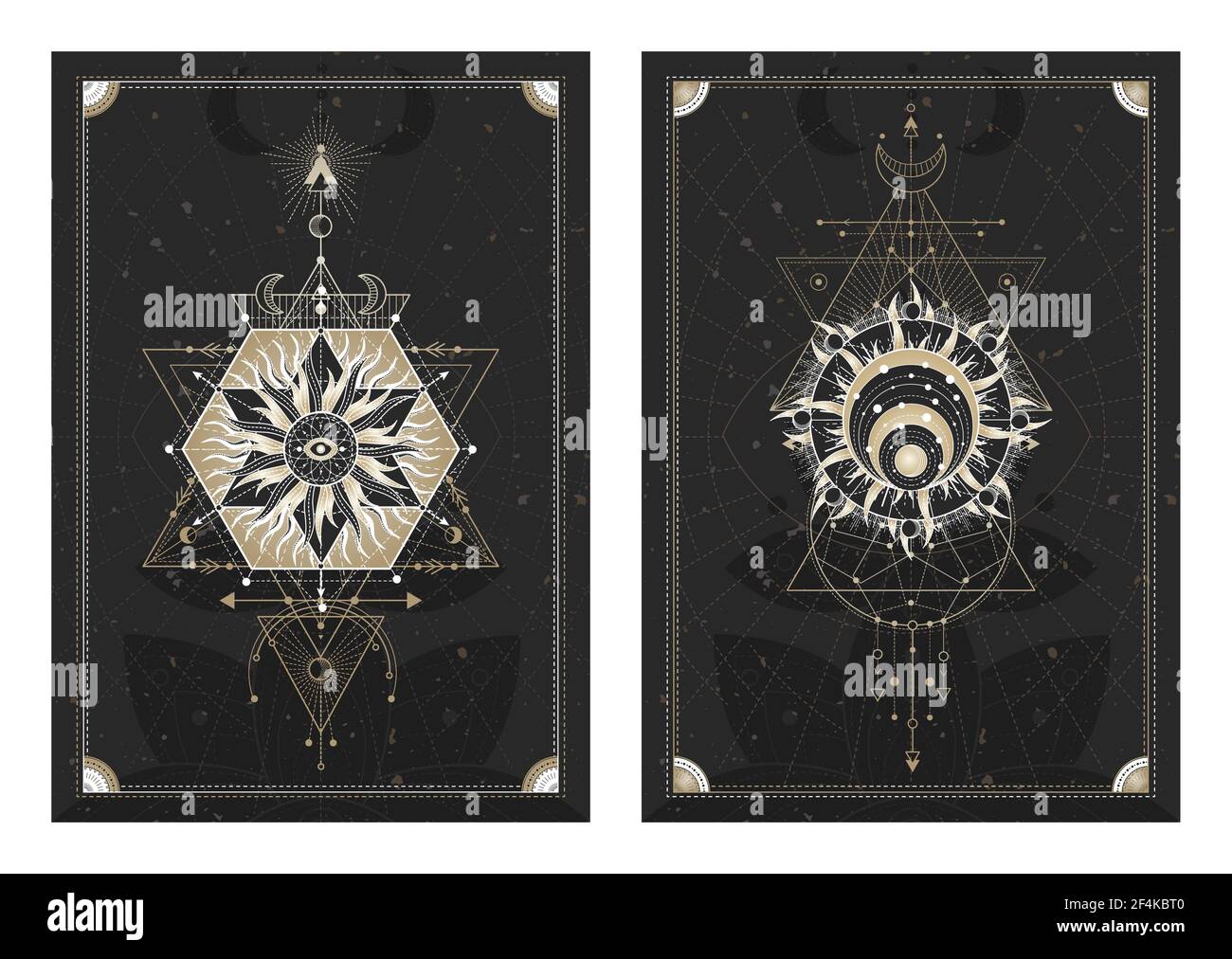 Vector dark illustrations with sacred geometry symbols, grunge textures and frames. Images in black, white and gold., Vector dark illustrations with s Stock Vector