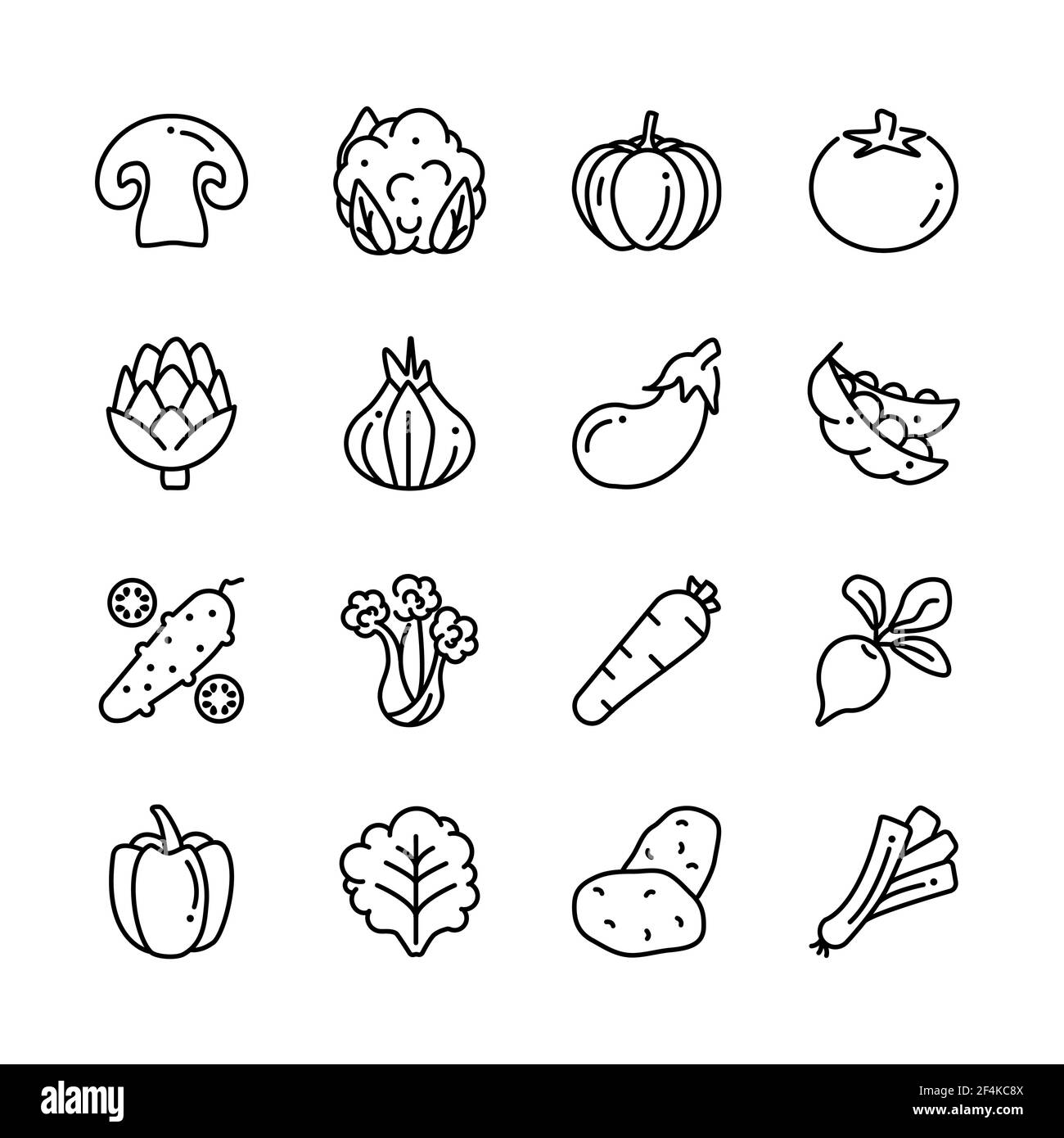 Veggies organic products illustrations. Vegetarian, vegetable  contain potatoes, mushrooms, tomato, cabbage outline icons collection. Stock Vector