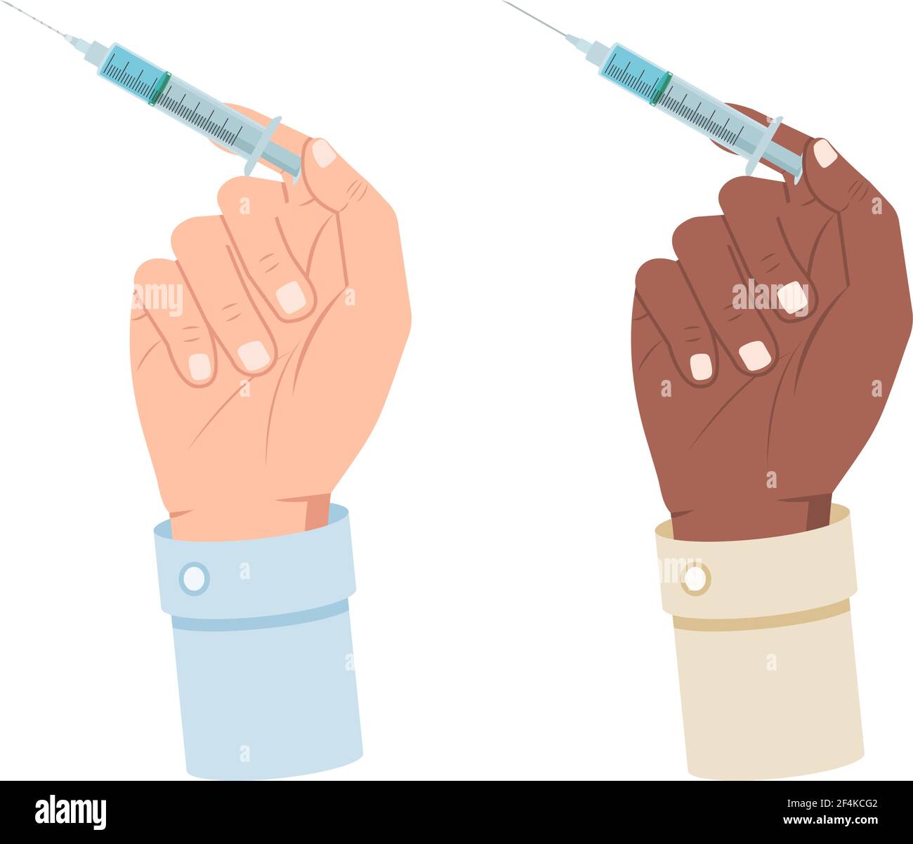 White and black hand holding a syringe, vaccination vector illustration ...