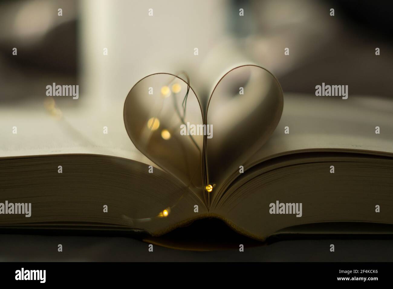 Heart-shaped Folded Book Art with fairy lights - valentine's day Stock Photo