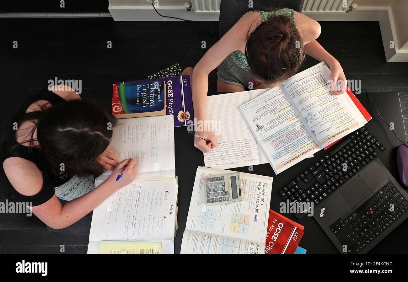 File Photo Dated 20 04 20 Of Lulu Byrne Aged 13 And Maisy Byrne Aged 15 Taking Part In Home Schooling Studying Mathmatics English And Sciences From Their Home In Liverpool Tuesday Marks The