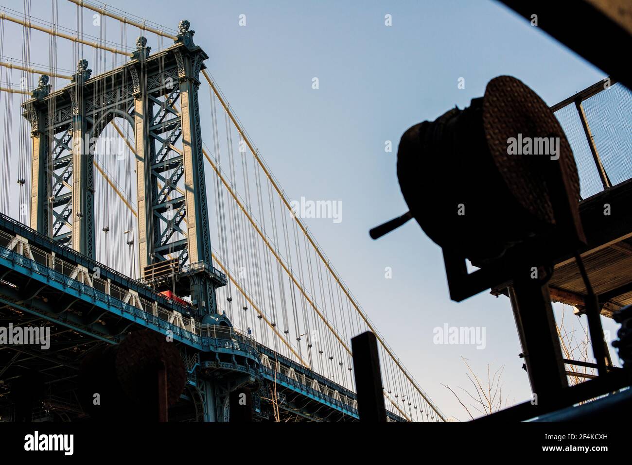 New York City, USA. View on the Manhattan Bridge eastern pilon from Pearl Street, Dumbo, Brooklyn. Stock Photo