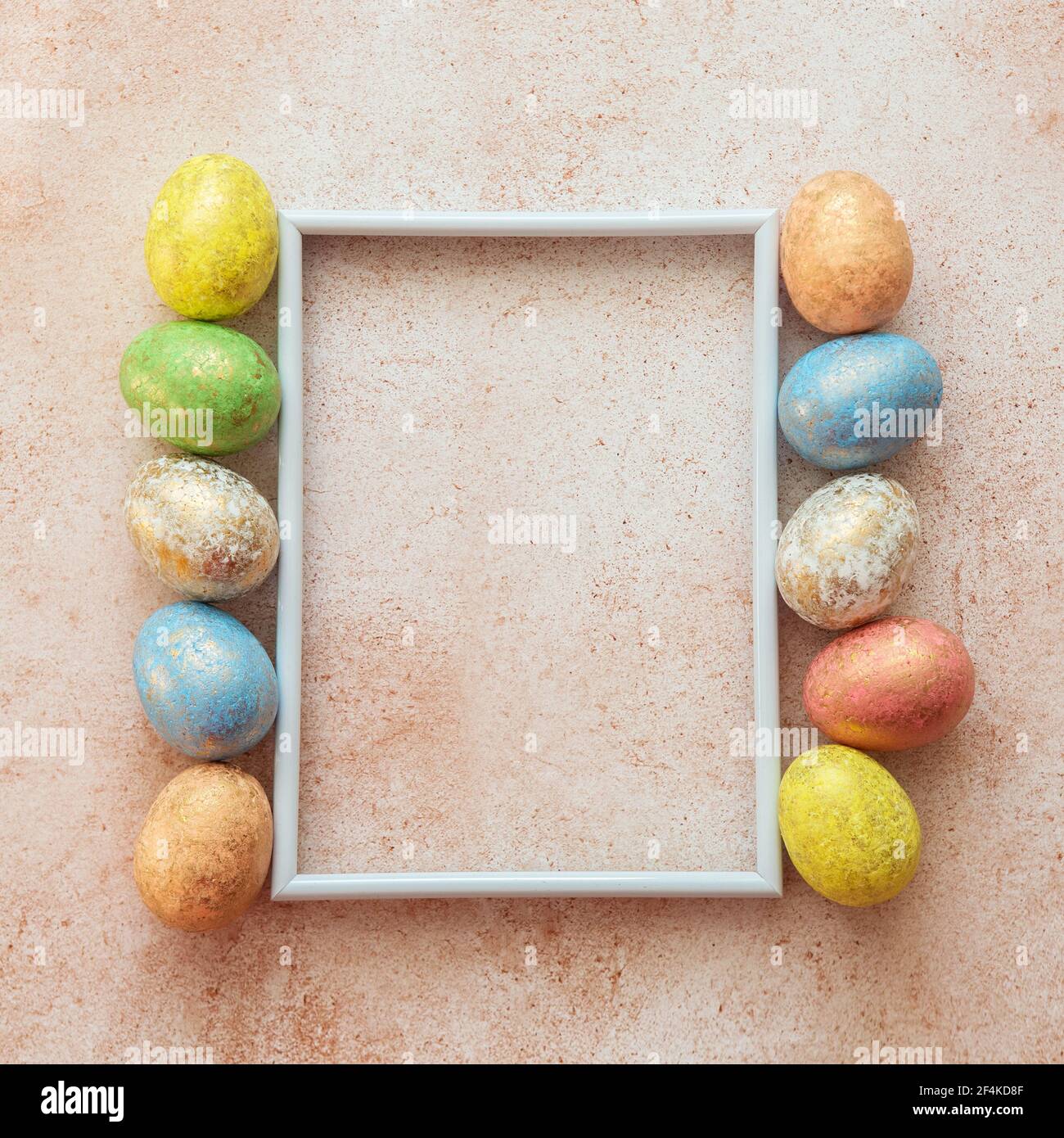 Happy easter background. Frame for text with easter eggs. Easter card with copy space for text. Stock Photo
