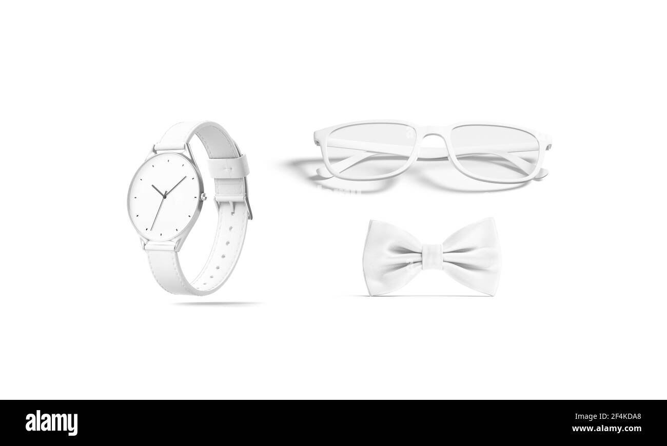 Blank white bow tie, glasses and watch mokup, isolated Stock Photo