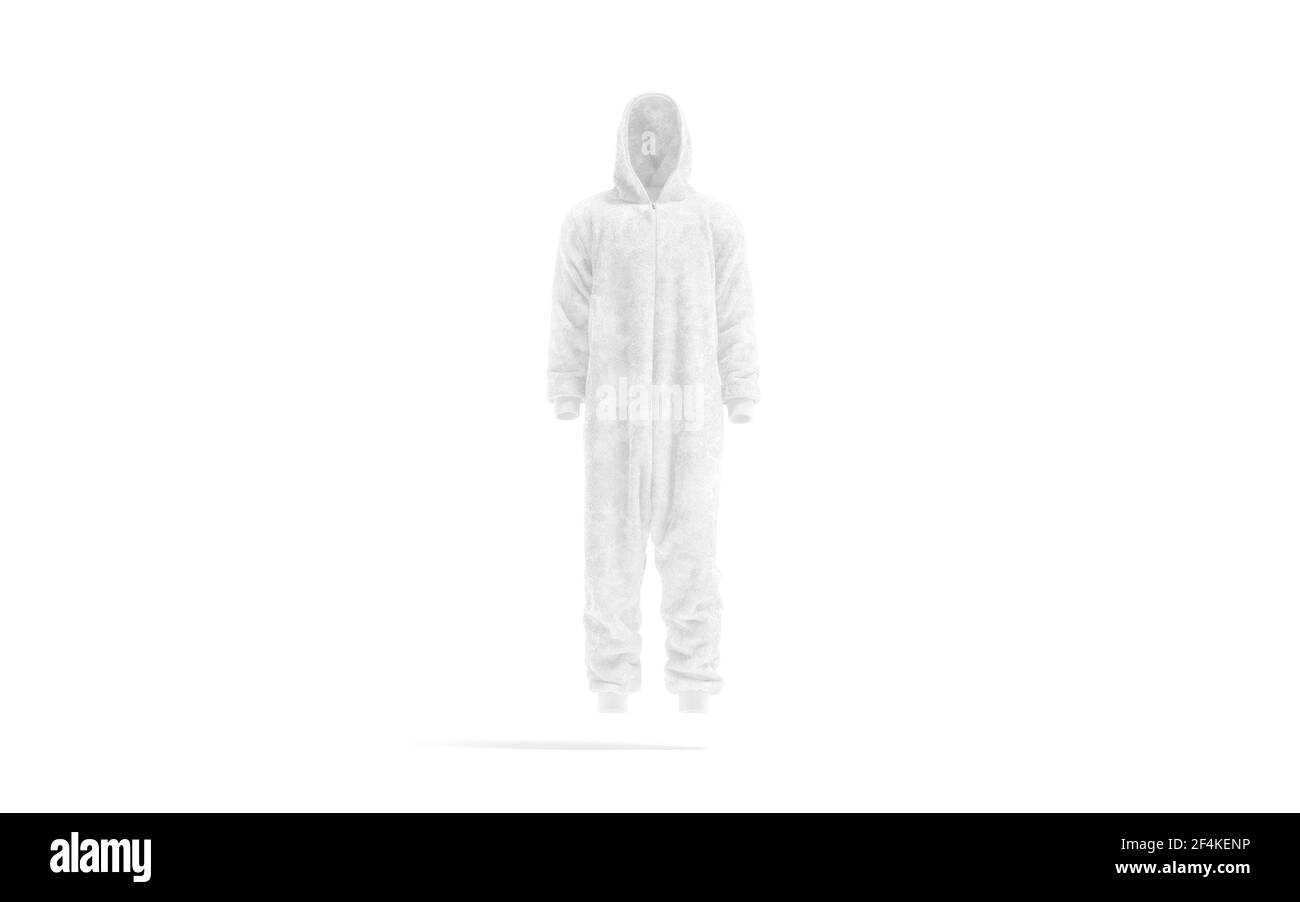 Blank white plush jumpsuit with hood mockup, front view Stock Photo - Alamy