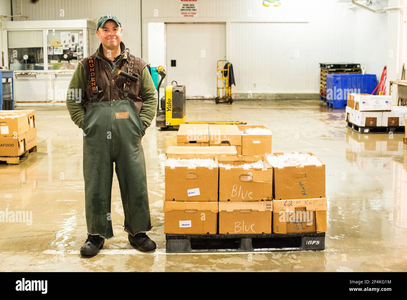 New York City, USA. Wholesale market stall employee proudly presenting
