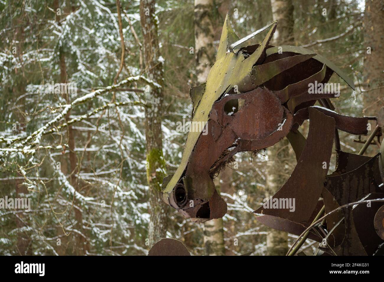 Creepy horse face in a wood, rusted iron sculpture Stock Photo Alamy
