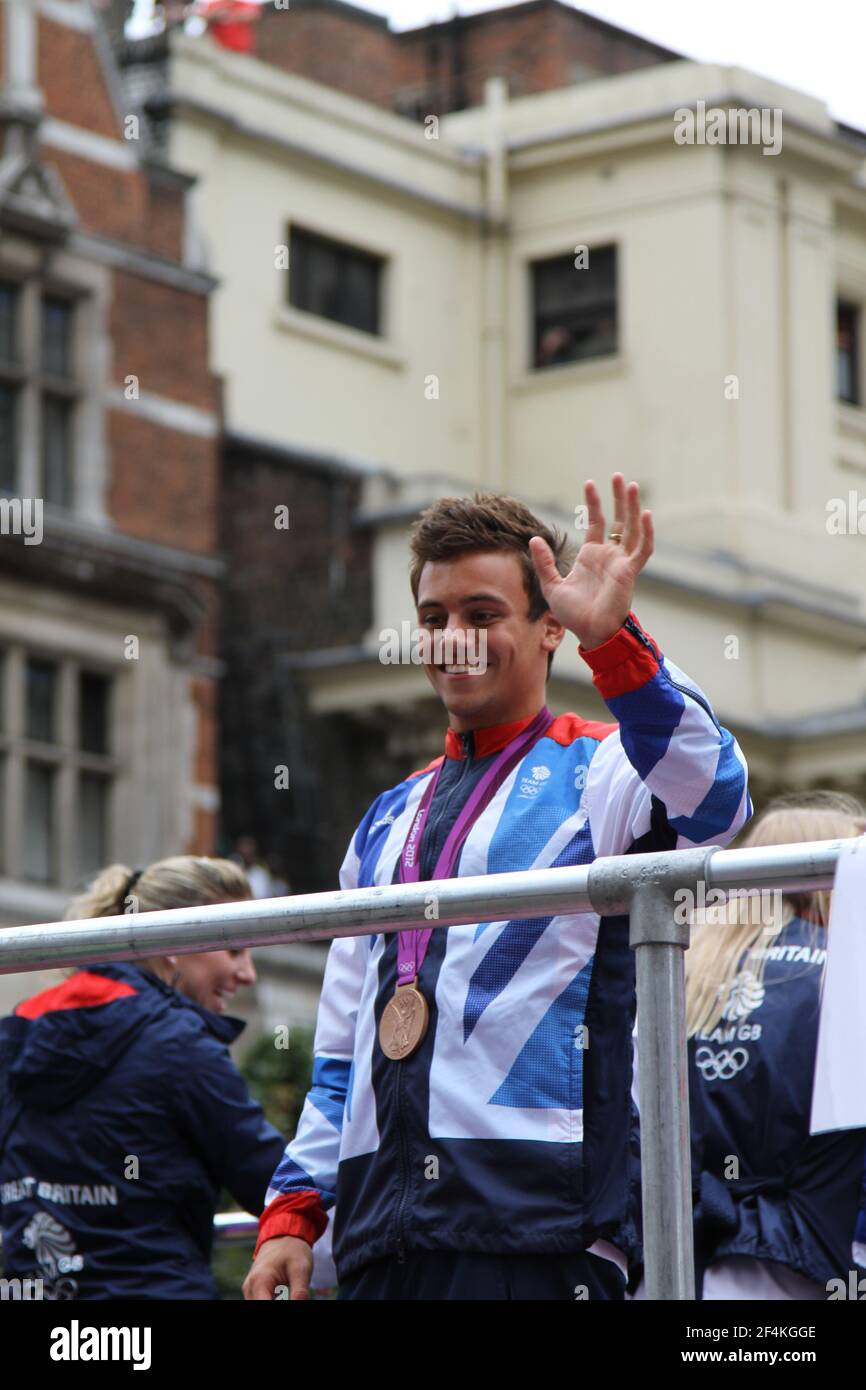 TOM DALEY ON LONDON 2012 OLYMPIC PARADE. DIVER. BRITISH SPORT. MEDALISTS. BRITISH SPORTS PEOPLE. OLYMPIANS. Stock Photo