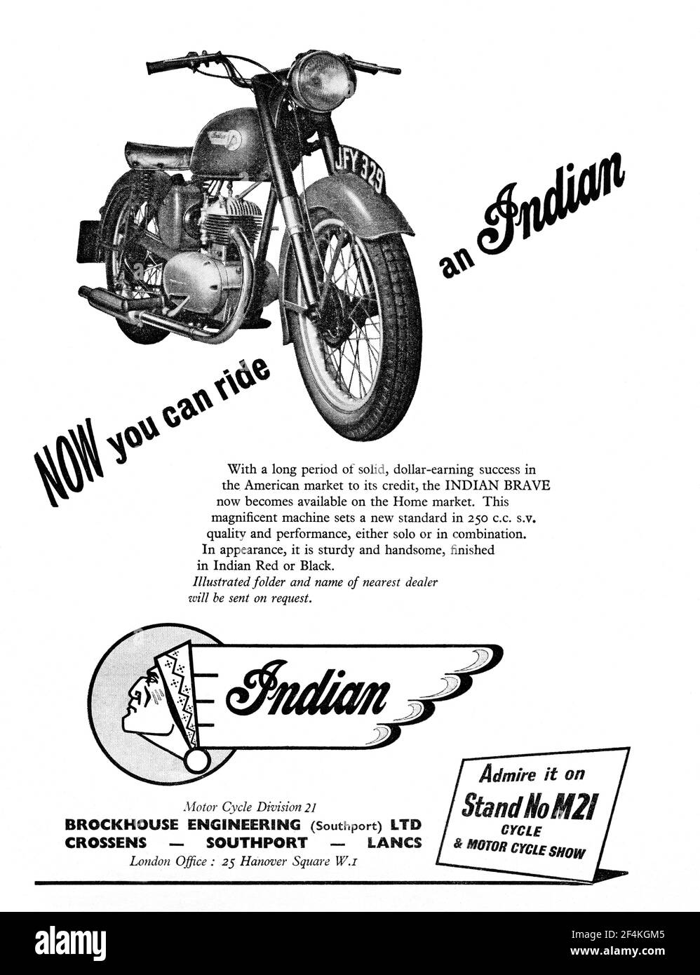 A vintage Indian advert from The Motor Cycle magazine, October 1953. Stock Photo